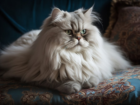 A Persian cat lounges on a plush pillow, its long, luxurious coat almost blending with the soft fabric. The cat's round, blue eyes exhibit a sense of tranquility that adds to the peaceful setting.の素材