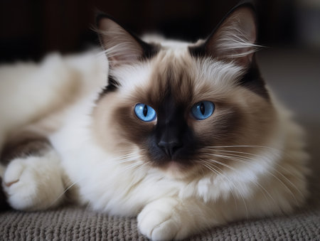 A Ragdoll cat lies in repose on a richly patterned rug, its blue eyes half-closed in a state of relaxation. Its color-pointed fur, a blend of cream and dark brown, offers a striking contrast against the rug's vibrant hues.の素材