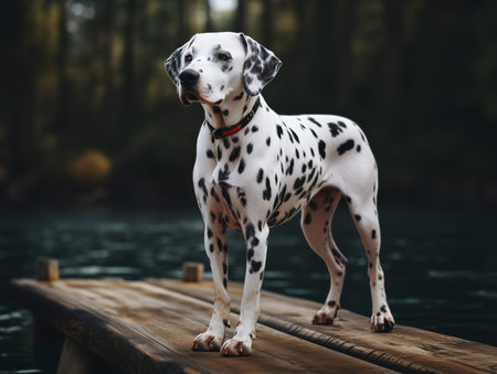 A Dalmatian stands proudly on a wooden dock, its unique black and white spots standing out against the blue water. Its bright eyes and alert stance capture the energy and spirit of this iconic breed.の素材