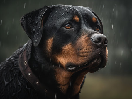 A Rottweiler stands resiliently in the rain, its black and tan coat glistening with droplets. The dog's powerful stance and intense gaze embody the strength and loyalty associated with this breed.の素材