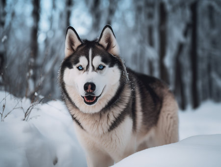 A Siberian Husky joyously bounds through a snowy landscape, its striking blue eyes full of excitement. The contrast of its thick, black and white coat against the pristine white snow creates a captivating image.の素材