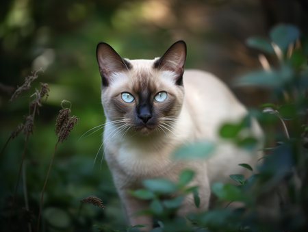 A Tonkinese cat prowls in an emerald green garden, its blue-green eyes matching the lush surroundings. The soft, mink coat of the cat seems to glow in the diffused sunlight, enhancing the mystique of this breed.の素材