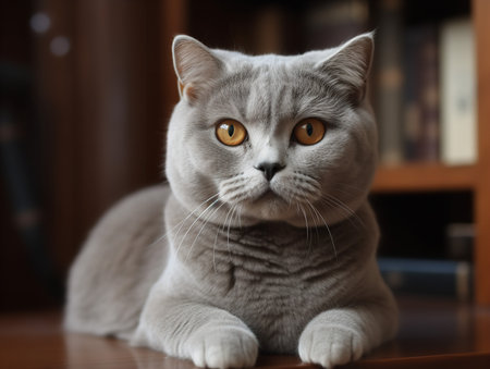 A Scottish Fold cat sits in a quiet study, its unique folded ears adding to its contemplative look. Its round eyes, almost matching the color of its grey coat, reflect the serenity of its surroundings.の素材