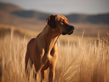 A Rhodesian Ridgeback stands in a vast field, its unique ridge of hair along its back standing out against the golden grass. Its gaze into the distance gives it a regal and dignified air.の素材