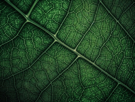 A close-up texture photograph of a leaf, capturing the intricate network of veins in a vibrant green canvas.の素材