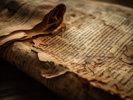 A close-up texture photo of an old, weathered book page, the browned and wrinkled parchment telling a story of age and use.の素材
