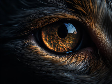 A close-up texture photo of a cat's eye, revealing the intricate pattern and color of the iris, set against the dark backdrop of the pupil.の素材
