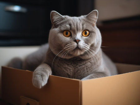 A Scottish Fold cat playfully sits inside a cardboard box, its folded ears and round eyes display a sense of curiosity. Its grey coat forms a charming contrast with the brown box.の素材