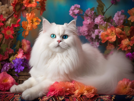 A white Persian cat lounges among a bed of vibrant flowers, its fluffy coat matching the purity of the blossoms. Its blue eyes appear dreamy against the colorful backdrop, adding a whimsical touch to the image.の素材