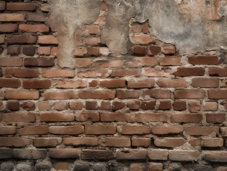 A close-up texture photo of a brick wall, capturing the rough, weathered surface and the mortar lines that hold the bricks together.の素材