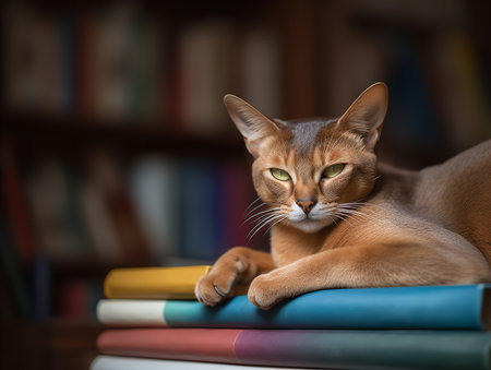 A blue-eyed Abyssinian cat is nestled among a pile of books, its ruddy coat standing out against the colorful book spines. With a look of contentment, it seems to have found the perfect spot for a cozy afternoon nap.の素材