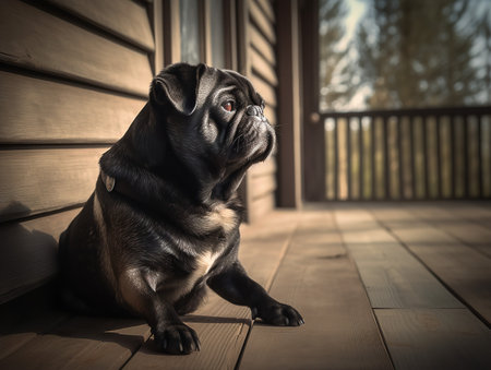 A Pug sits thoughtfully on a porch, its wrinkles and expressive eyes give it a pensive look. The black and tan coat of the dog contrasts nicely with the wooden floor, creating a rustic scene.の素材