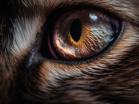 A close-up texture photo of a cat's eye, revealing the intricate pattern and color of the iris, set against the dark backdrop of the pupil.の素材