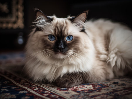 A Ragdoll cat lies in repose on a richly patterned rug, its blue eyes half-closed in a state of relaxation. Its color-pointed fur, a blend of cream and dark brown, offers a striking contrast against the rug's vibrant hues.の素材