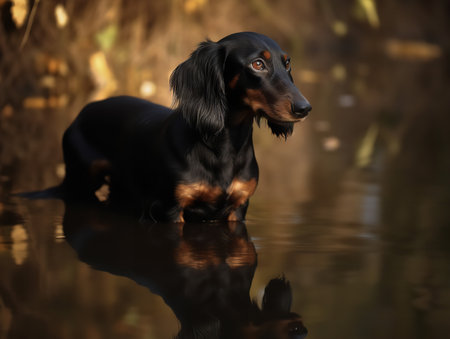 A long-bodied Dachshund stands by a reflective pond, its thoughtful gaze towards the rippling water creating a mirror image. The dog's shiny black coat and expressive eyes showcase its distinctive breed characteristics.の素材