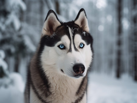 A Siberian Husky stands majestically in a snow-covered landscape, its blue eyes as striking as the icy terrain. The contrast between its black and white coat and the surrounding white snow creates a stunning winter portrait.の素材