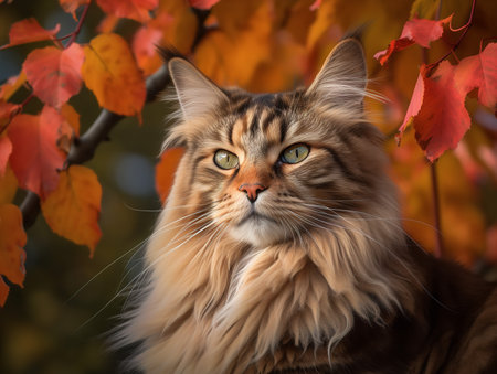 A Maine Coon cat perches in the branches of a maple tree, its large tufted ears and multi-colored coat standing out against the autumn leaves. Its green eyes, full of curiosity, add to the enchanting scene.の素材