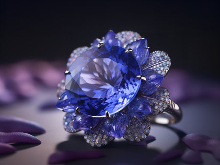 The extreme close-up dives into the radiant depths of a tanzanite. The surface is a symphony of blues and violets, its natural facets catching and refracting light in a mesmerizing display.の素材