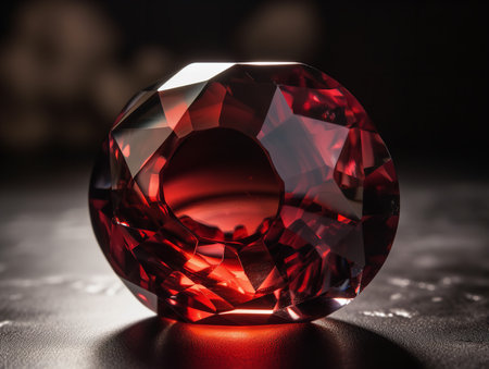 The extreme close-up draws you into the depths of a garnet, revealing a fascinating world of deep reds and burgundy. The light refracting off its surface creates a mesmerizing, fiery spectacle.の素材