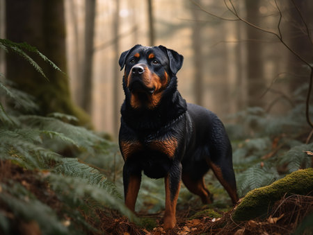 A Rottweiler stands strong in a lush forest, its muscular body visible under the glossy black and tan coat. Its eyes, full of determination, match the intensity of the wild surroundings.の素材