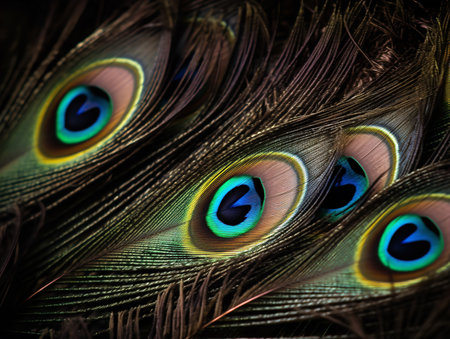 A close-up texture photo of a peacock feather, highlighting the iridescent colors and delicate structure of the individual barbs.の素材
