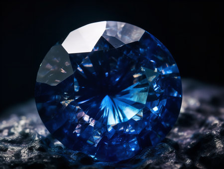 The extreme close-up captures the surface of a sapphire in its raw state. Rough, unpolished facets catch and refract the light, creating a kaleidoscope of deep blues and flashes of white.の素材