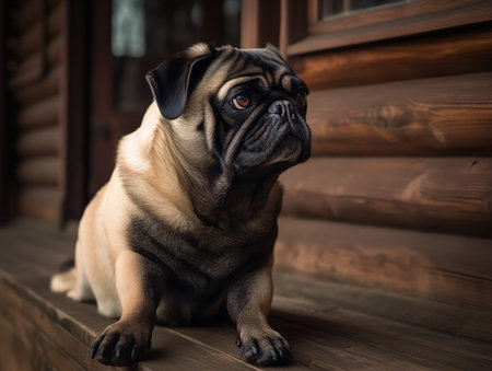 A Pug sits thoughtfully on a porch, its wrinkles and expressive eyes give it a pensive look. The black and tan coat of the dog contrasts nicely with the wooden floor, creating a rustic scene.の素材