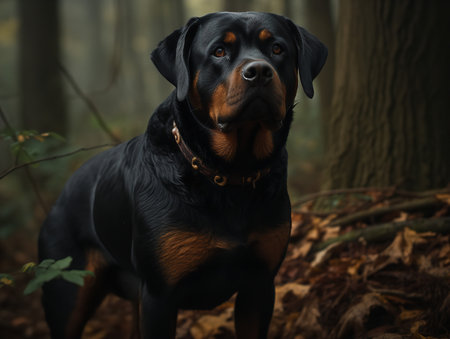 A Rottweiler stands strong in a lush forest, its muscular body visible under the glossy black and tan coat. Its eyes, full of determination, match the intensity of the wild surroundings.の素材