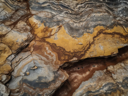 A close-up texture photo of a rock surface revealing a story of geological time with its diverse layers, cracks, and mineral deposits.の素材
