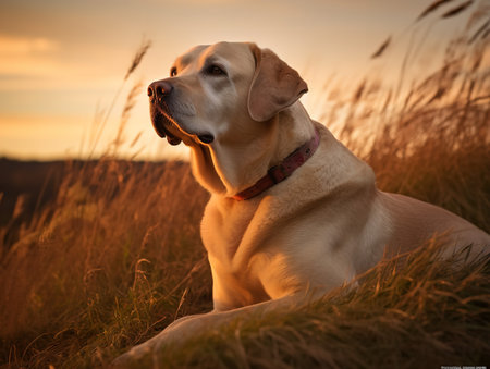 A majestic Labrador Retriever lounges lazily on a grassy hill, with the warm hues of the setting sun casting an ethereal glow over its golden fur. Its eyes, reflecting the sky's last light, hold a sense of tranquility and wisdom.の素材