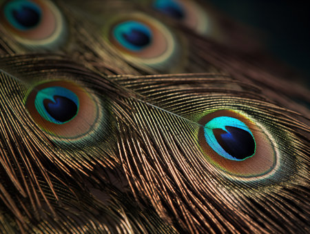 A close-up texture photo of a peacock feather, highlighting the iridescent colors and delicate structure of the individual barbs.の素材