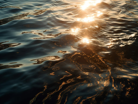 A close-up texture photo of sunlit water surface, capturing the play of light and shadow on its ever-changing ripples.の素材
