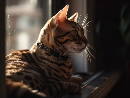 A Bengal cat rests on a window ledge, gazing out at the world beyond. Its distinctive spotted coat and green eyes are highlighted by the soft natural light, creating a look of quiet contemplation.の素材