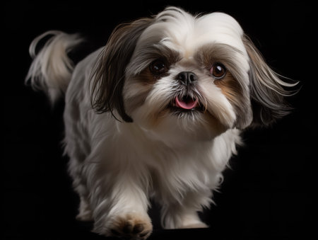 A Shih Tzu engages in play, its dark eyes shining with enthusiasm. Its long, silky coat is in motion, capturing the energy and excitement of this charming breed.の素材