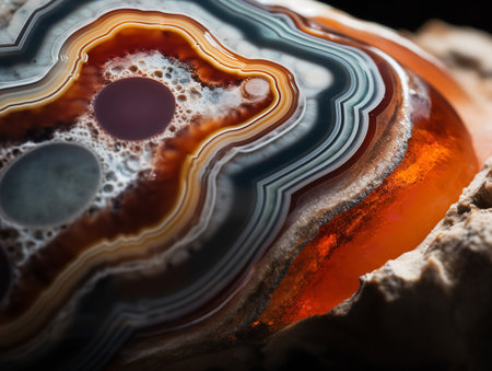 The extreme close-up unravels the intricacies of an agate's layers. Bands of varied colors flow across the surface, each telling a unique chapter of the stone's formation.の素材
