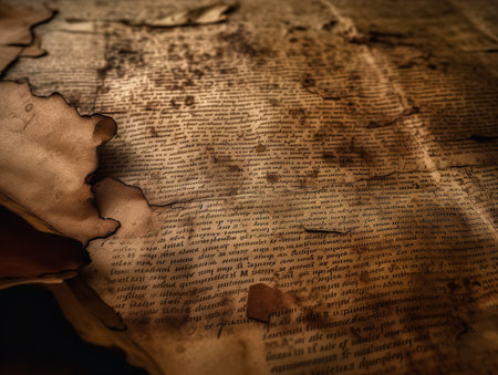 A close-up texture photo of an old, weathered book page, the browned and wrinkled parchment telling a story of age and use.の素材