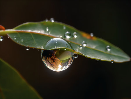 A close-up texture shot of a dew drop on a leaf, revealing a refracted world within its transparent sphere.の素材