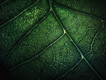 A close-up texture photograph of a leaf, capturing the intricate network of veins in a vibrant green canvas.の素材