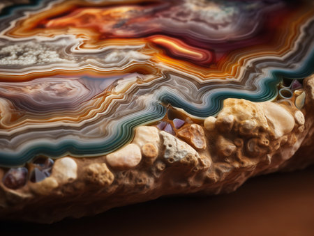 The extreme close-up unravels the intricacies of an agate's layers. Bands of varied colors flow across the surface, each telling a unique chapter of the stone's formation.の素材
