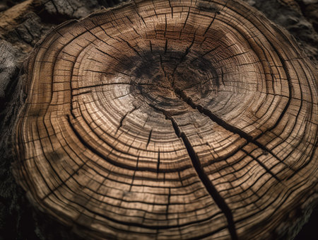 A close-up texture photograph of a tree stump, showcasing the concentric rings that tell a story of the tree's age and history.の素材