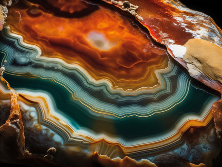 The extreme close-up unravels the intricacies of an agate's layers. Bands of varied colors flow across the surface, each telling a unique chapter of the stone's formation.の素材