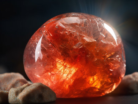 The extreme close-up captures the fascinating surface of a sunstone. A play of brilliant oranges and reds seem to set the stone ablaze, creating a dazzling spectacle.の素材