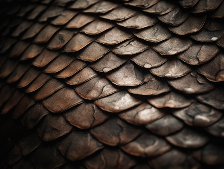 A close-up texture shot of reptilian skin, showcasing the rough, armored scales in an organic pattern.の素材