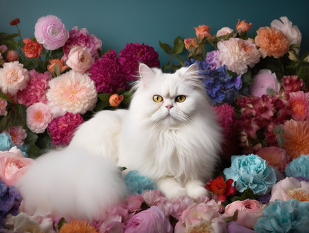 A white Persian cat lounges among a bed of vibrant flowers, its fluffy coat matching the purity of the blossoms. Its blue eyes appear dreamy against the colorful backdrop, adding a whimsical touch to the image.の素材