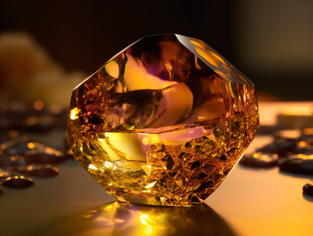 The extreme close-up captures a citrine's sunny surface, highlighting its golden-yellow hues. Its crystalline structure refracts light, revealing hidden depths and the gem's unique charm.の素材
