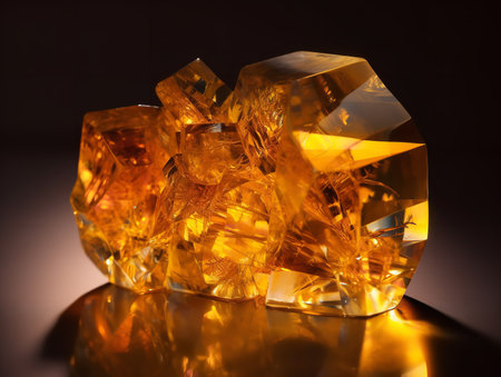 The extreme close-up captures a citrine's sunny surface, highlighting its golden-yellow hues. Its crystalline structure refracts light, revealing hidden depths and the gem's unique charm.の素材