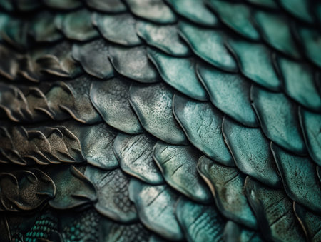 A close-up texture shot of reptilian skin, showcasing the rough, armored scales in an organic pattern.の素材