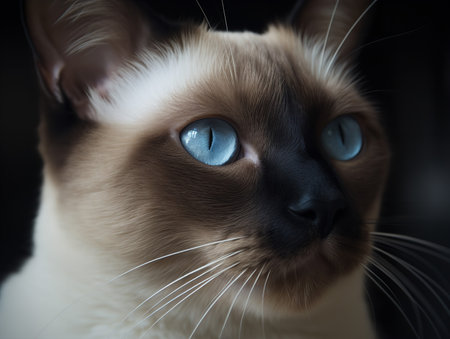 The camera captures a close-up shot of a Siamese cat. Its striking blue eyes, contrasted against a cream and gray coat, give it an aristocratic air. The cat's whiskers are fully extended, and its gaze is focused, reflecting a curious yet discerning disposition.の素材