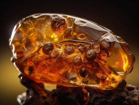 The extreme close-up reveals the surface of an amber piece, showcasing the embedded remnants of an age long past. The warm honey hues offer a glimpse into prehistoric times.の素材