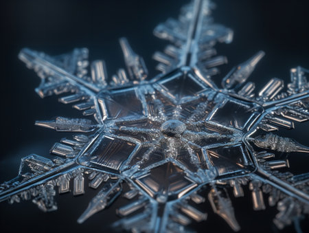 An extreme close-up texture photo of a snowflake, revealing the intricate geometric patterns and crystalline structure that's unique to each flake.の素材